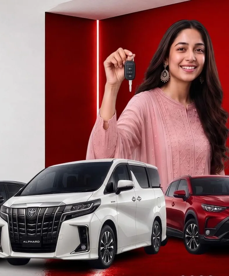 Ahmed Automobiles — a customer holding the keys of her new car, with a Toyota Alphard and RAV4
